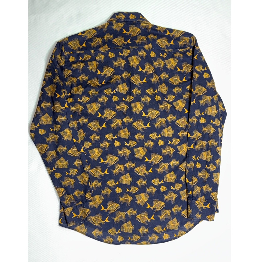 Vilebrequin Mens Navy Yellow Fish Skeleton Print Cotton Button Down Shirt M - Picture 3 of 11